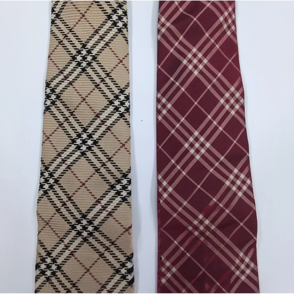 Burberry Mens Neckties Lot 2 OS Tan Red Nova Check Silk AS IS Craft Repair